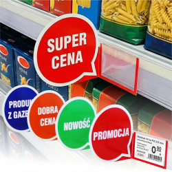 Shelfstoppery reklamowe KOŁO - stopery ze skrzydełkiem do listw cenowych, przezroczyste okienko zawieszki na listwę