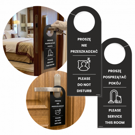 Elegancka, czarna plastikowa wywieszka hotelowa na drzwi -dwustronna