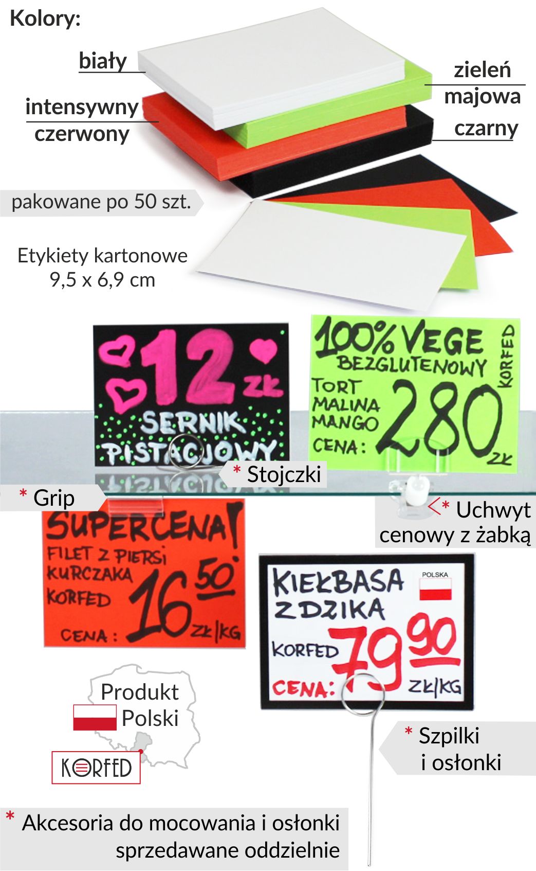 Kolorowe cenówki - dwustronne etykiety papierowe, bloczki po 50 sztuk etykiet o wymiarach 9,5x6,9 cm w kolorze białym, jaskrawym zielonym i czerwonym oraz głębokiej czerni ułożone na sobie, Kolorowe cenówki w aranżacji z napisami a do mocowania użyte zostały szpilki i stojaczki metalowe, uchwyt przezroczysty z żabką oraz samoprzylepny grip. Na czarnych etykietach napisy wykonane markerami kredowymi na pozostałych mazakami permanentnymi.