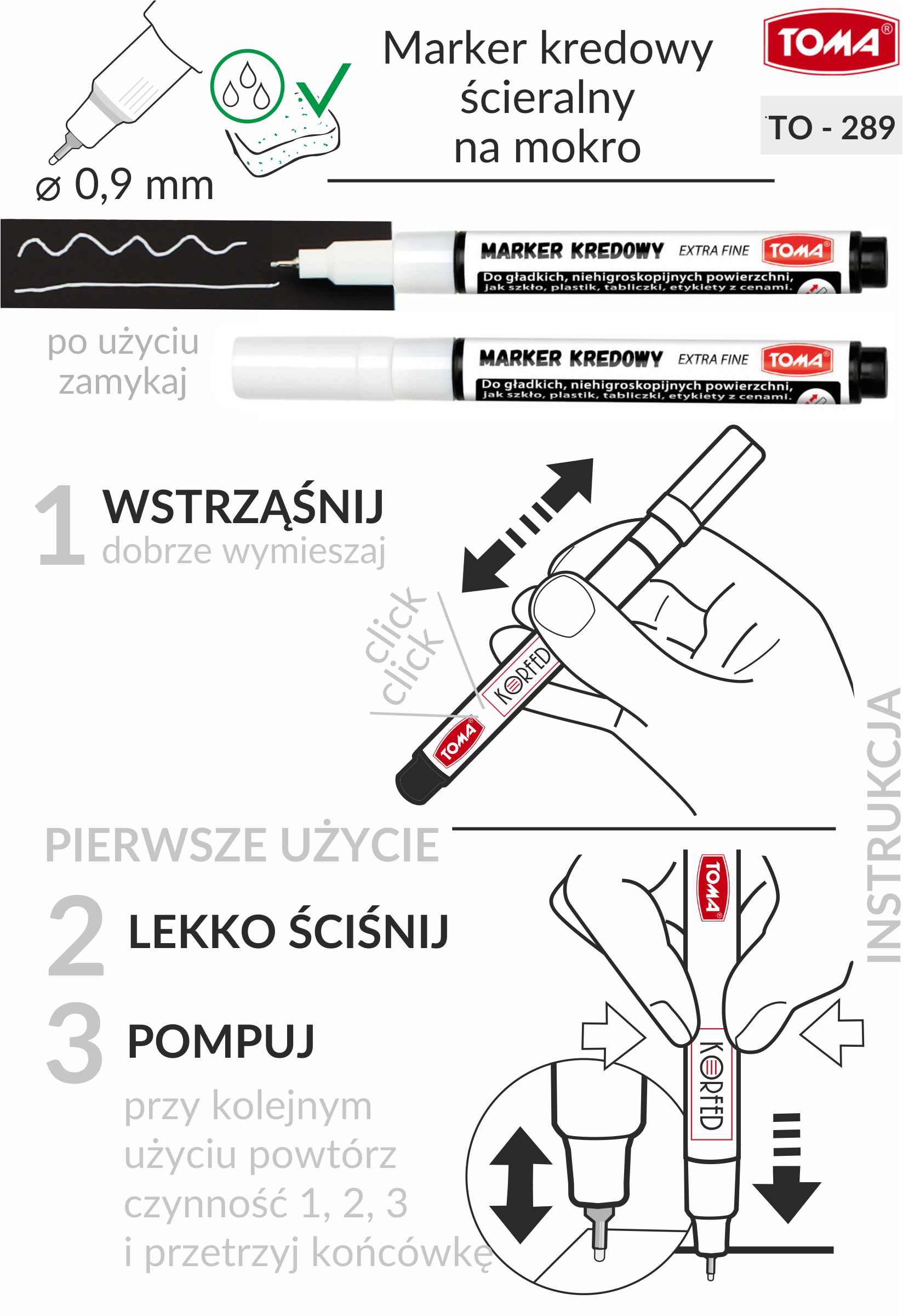 Białe markery kredowe, mazaki do pisania po czarnych tablicach kredowych, szkle i plastiku. Zmywalne na mokro. Cienkopisy z igłową końcówką do precyzyjnych napisów i cienkich linii.