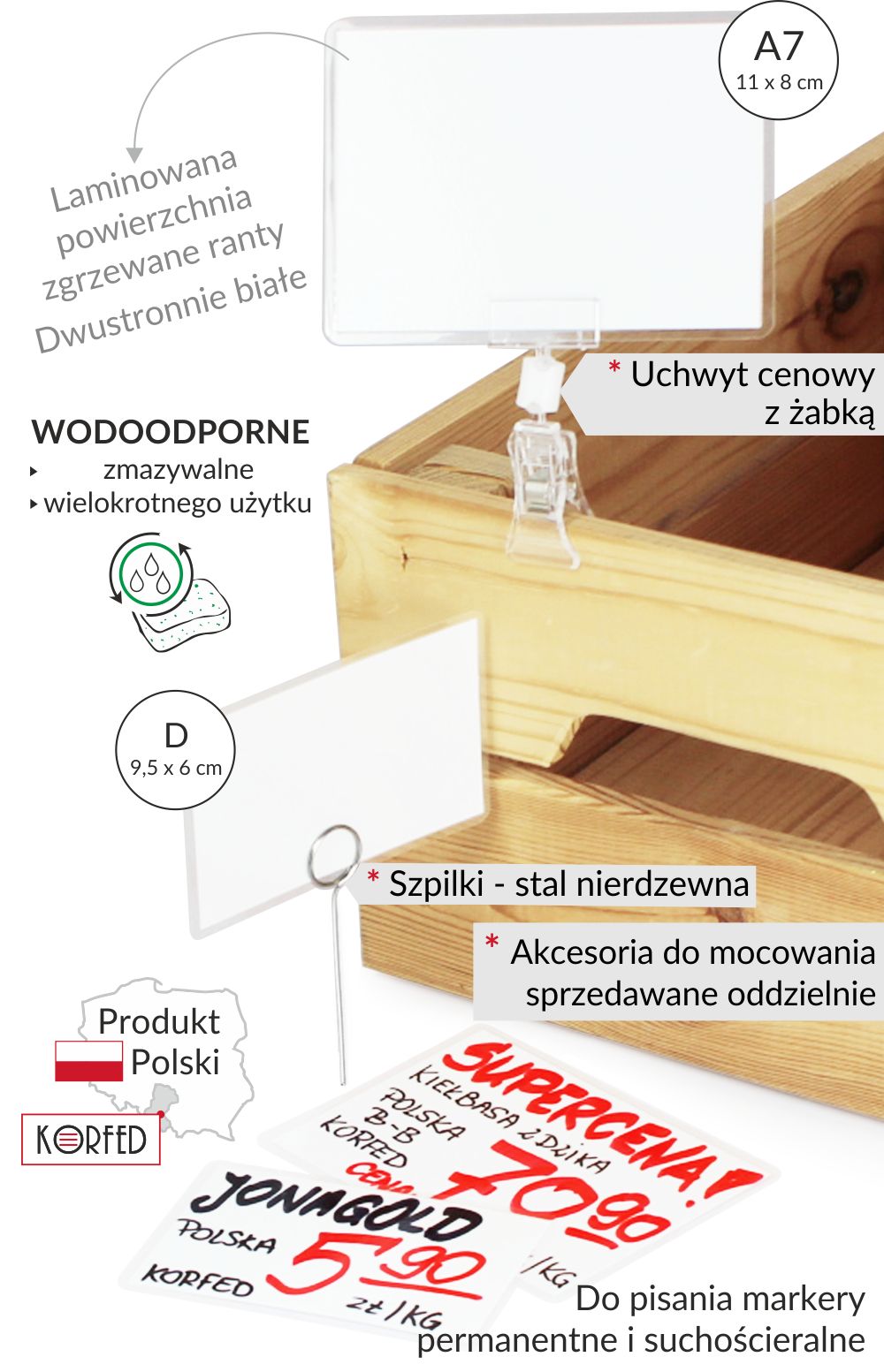 Białe cenówki - dwustronne etykiety laminowane, biały karton zabezpieczony laminatem ze zgrzanymi rantami - przezroczyste brzegi z folii laminacyjnej, większe etykiety 11x8cm z uchwytem z żabką na skrzynce oraz mniejsze 9,5x6cm na szpilce do wbijania, cenówki z poglądowym napisem Supercena oraz z przykładową ceną wykonane za pomocą mazaków permanentnych czerwonym i czarnym
