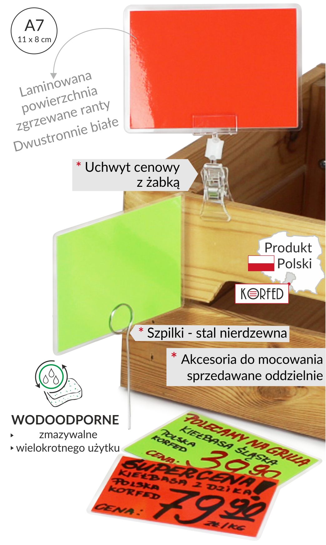 Kolorowe cenówki - dwustronne etykiety laminowane, biały karton zabezpieczony laminatem ze zgrzanymi rantami - przezroczyste brzegi z folii laminacyjnej, większe czyste etykiety 11x8cm z uchwytem z żabką na skrzynce w kolorze intensywnym - neonowym czerwonym oraz zielone - jaskrawy, trawiasty zielony na szpilce do wbijania, cenówki z poglądowym napisem Supercena oraz z przykładową ceną wykonane za pomocą mazaków permanentnych czarnych