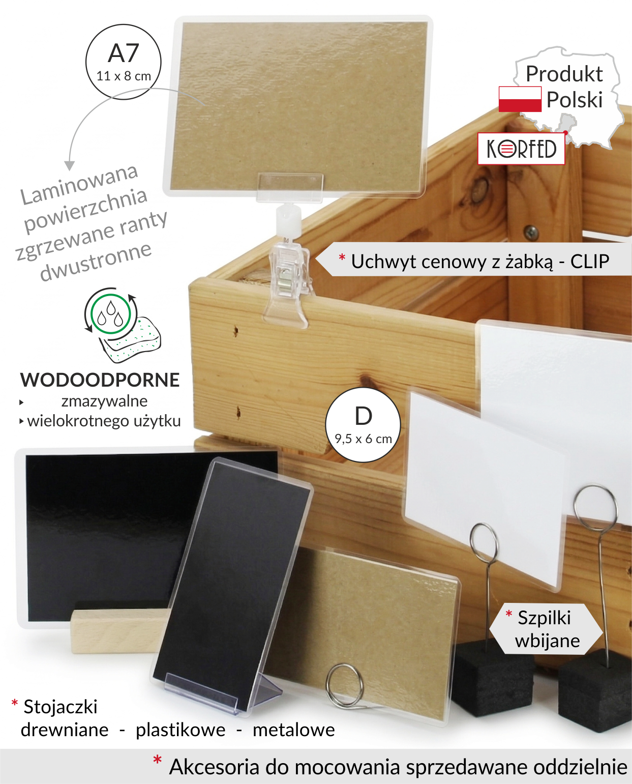 Wodoodporne etykiety laminowane dwustronne w trzech wariantach: klasyczna biel, elegancka czerń oraz eko kraft (brąz). Idealne do oznaczania cen i produktów – cenówki zmywalne, wielokrotnego użytku i trwałe. Sprawdź wymiary A7 oraz D i dobierz akcesoria mocujące do cenówek: uchwyty z żabką, szpilki stalowe, stojaczki drewniane, plastikowe i metalowe. Kupisz online prosto od producenta korfed.