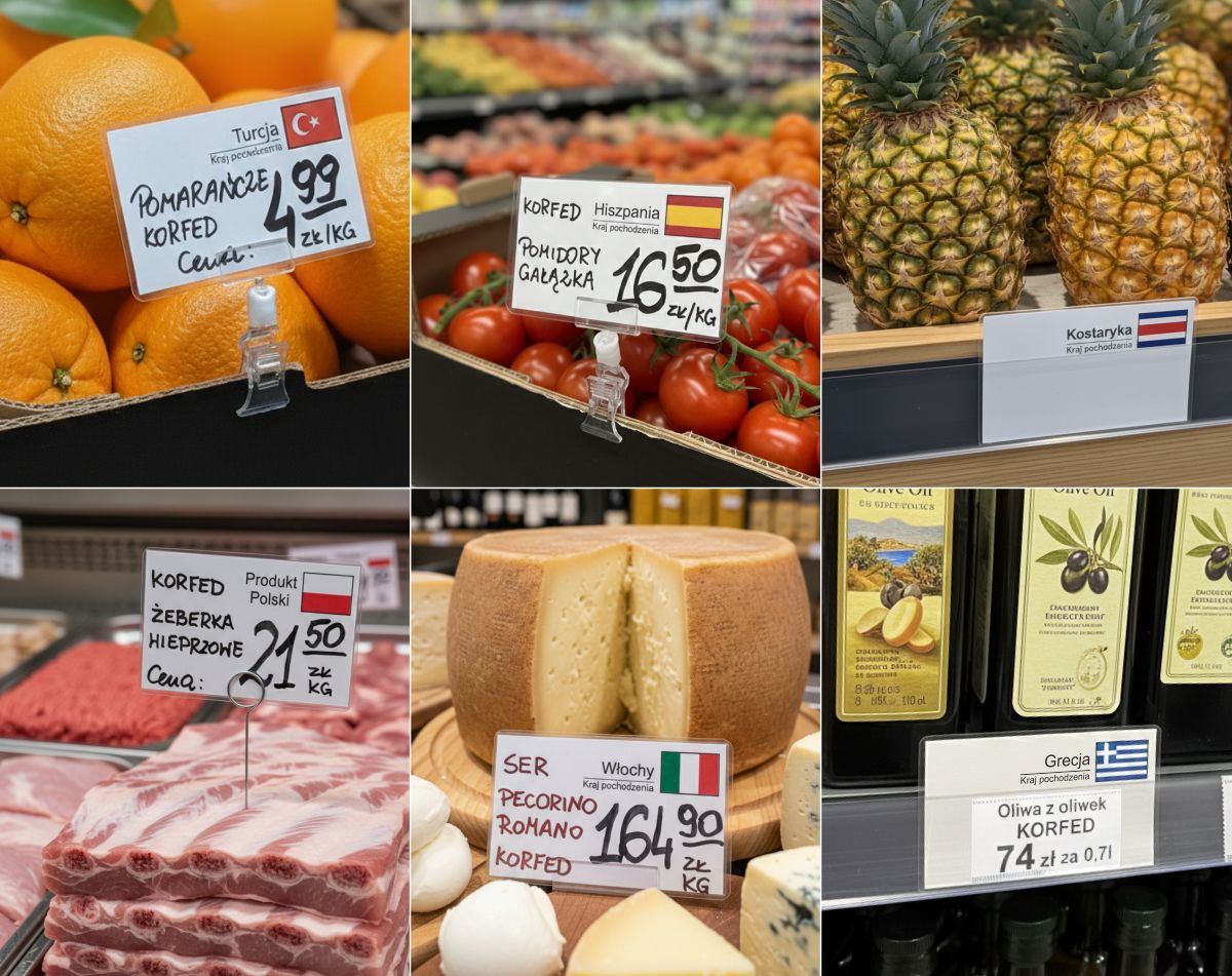 Etykieta cenowa z flagą Hiszpanii i Turcji przy pomidorach i pomarańczach, zamocowana na uchwycie cenowym z żabką - zaciskowym do krawędzi kartonu, odporna na wilgoć i wielokrotnego użytku. Etykiety laminowane z flagą Grecji i Kostaryki wsunięte w listwę cenową na półce z oliwą z oliwek oraz przy ananasach; górny fragment z flagą wystaje ponad krawędź listwy 38 mm. Biała etykieta laminowana z napisem Produkt Polski i flagą, wbita na stalowej szpilce cenowej w świeże żeberka wieprzowe w ladzie chłodniczej. Cenówka z flagą Włoch i nazwą kraju pochodzenia ustawiona na plastikowym stojaczku przy serze Pecorino Romano, prezentująca czytelny opis produktu i cenę.