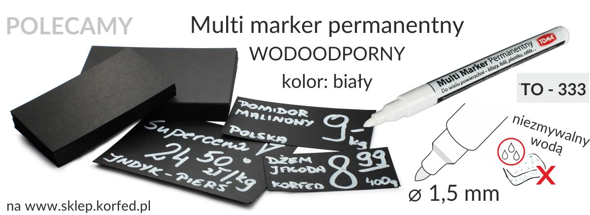 Czarne kartoniki z białymi napisami wykonane za pomocą multi marker permanentny, biały pisak do cenówek, wodoodporny mazak z białym tuszem i cienką końcówką 1,5 mm