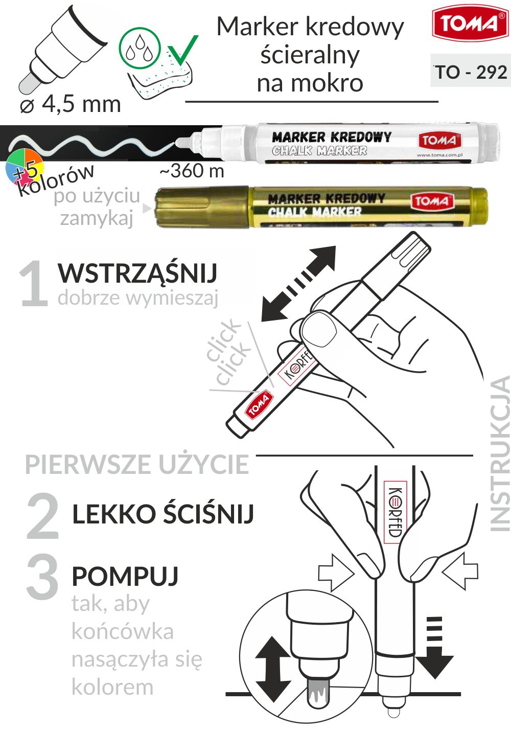 Białe, złote  i kolorowe markery kredowe, mazaki do pisania po czarnych tablicach kredowych, szkle i plastiku. Zmywalne na mokro.