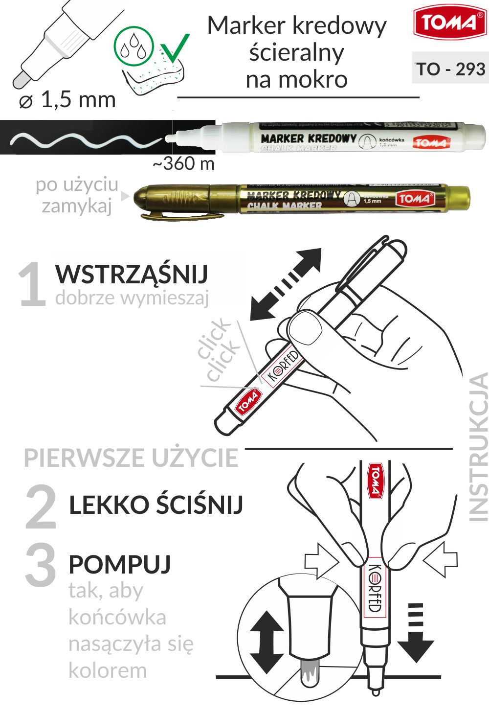 Białe i złote markery kredowe, mazaki do pisania po czarnych tablicach kredowych, szkle i plastiku. Zmywalne na mokro.