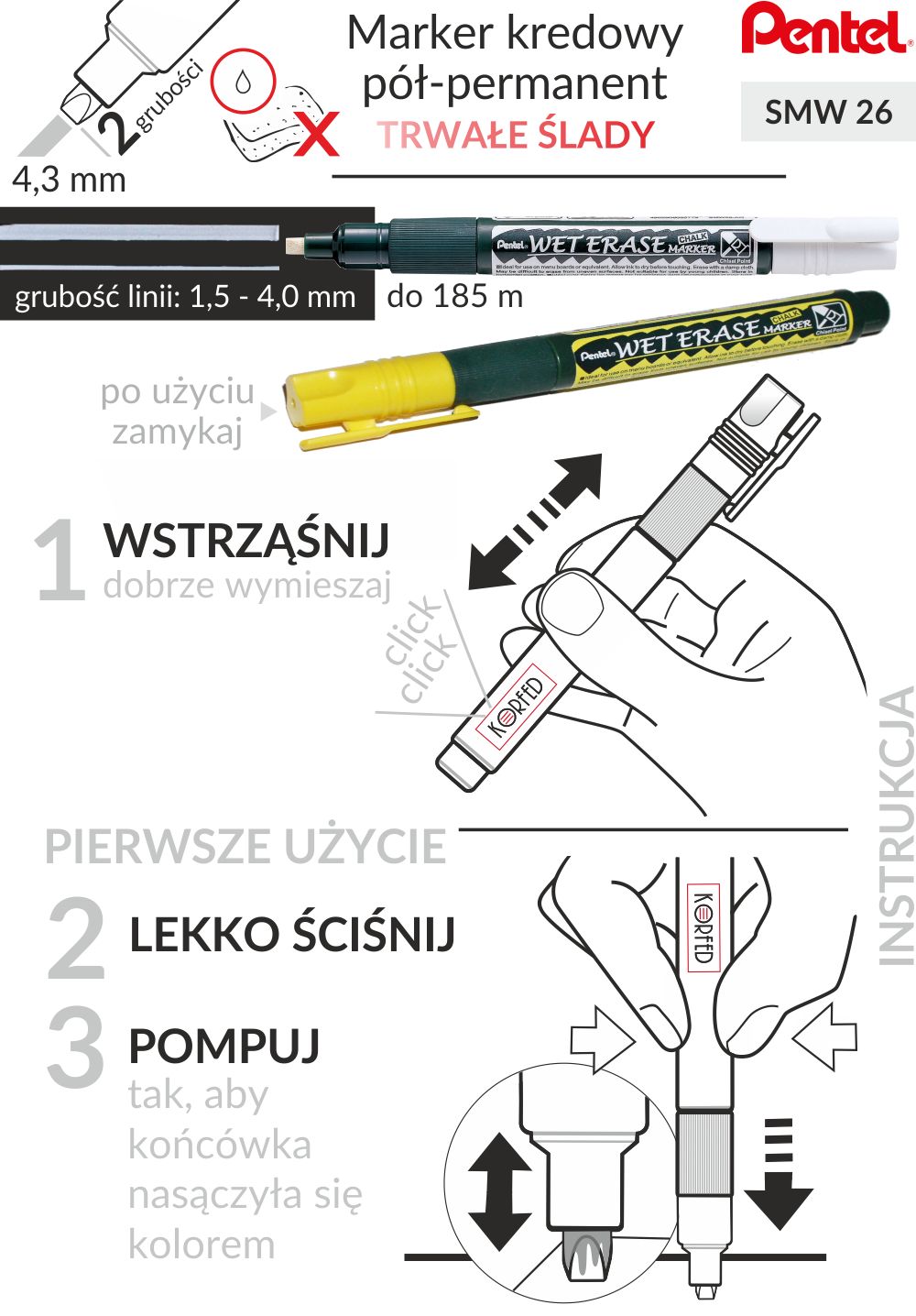 Białe, żółte i zielone markery kredowe ze ściętą końcówką, mazaki do pisania po czarnych tablicach kredowych, szkle i plastiku. Zmywalne na mokro.