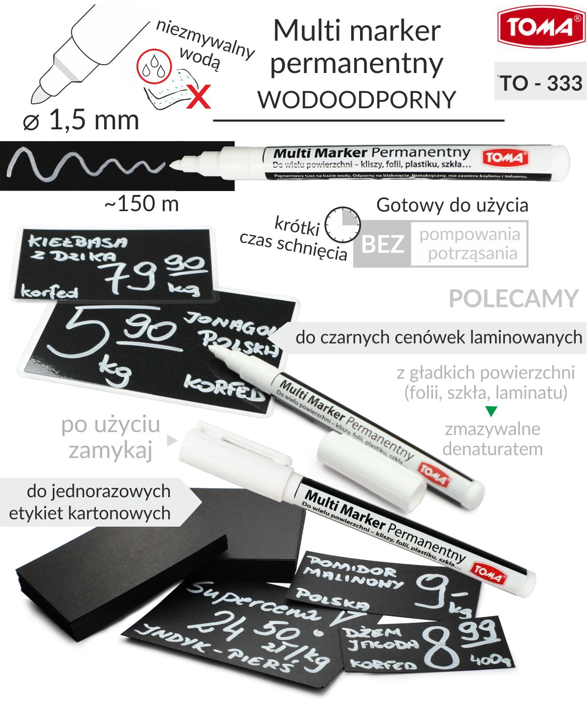 multi markery białe permanentne foliopisy, czarne cenówki laminowane z białymi napisami oraz czarne metki kartonowe z białymi napisami wykonannymi niezmazywalnymi mazakami