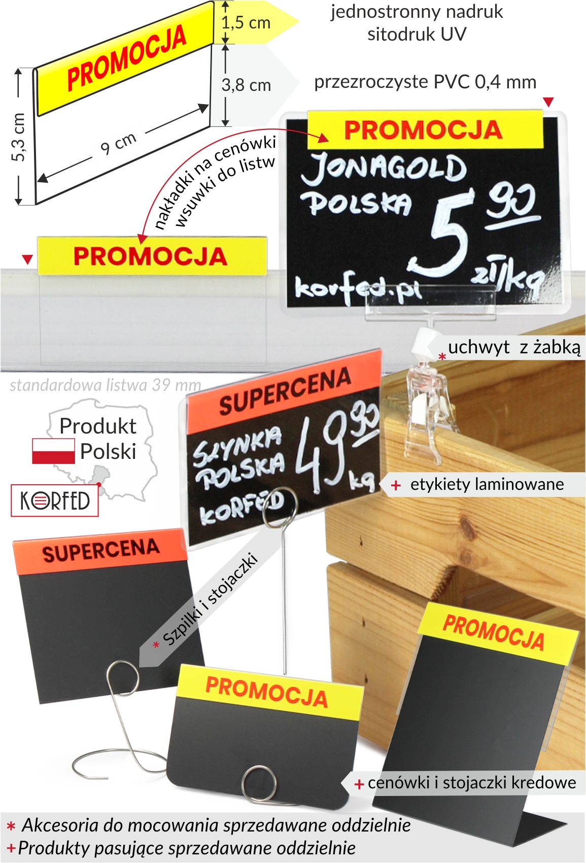 Plastikowe nakładki na cenówki - promocja żółto czerwona i superecena czerwono-neonowo czarna na etykietach laminowanych czarnych oraz imitujących tablice kredowe cenówkach i stojaczkach, fiszka promocja włożona do listwy cenowej 39mm - napis promocja wystaje nad listwę nie zasłaniając cenówki w listwie. Na zdjęciu do mocowania użyte uchwyty z żabką, szpilki i stojaczki stalowe sprzedawane jako oddzielny produkt, a pozwalające stosować etykiety na skrzynkach i koszach, jako podstawki i do wbijania - wbijane w produkty spożywcze.