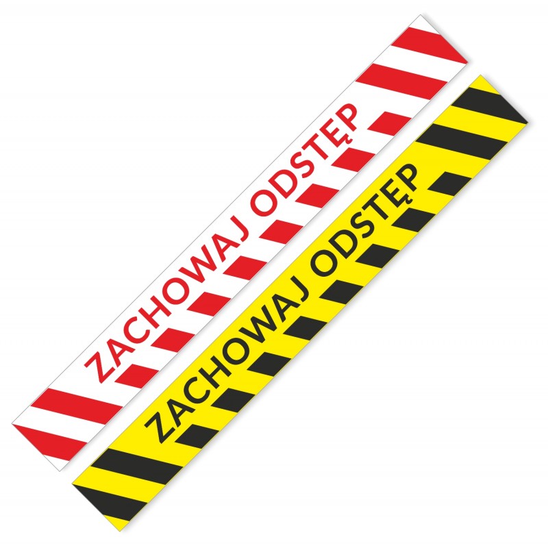 Naklejki podłogowe ZACHOWAJ ODSTĘP - pasy ostrzegawcze żółto-czarne, biało czerwone - samoprzylepne, bezpieczna odległość