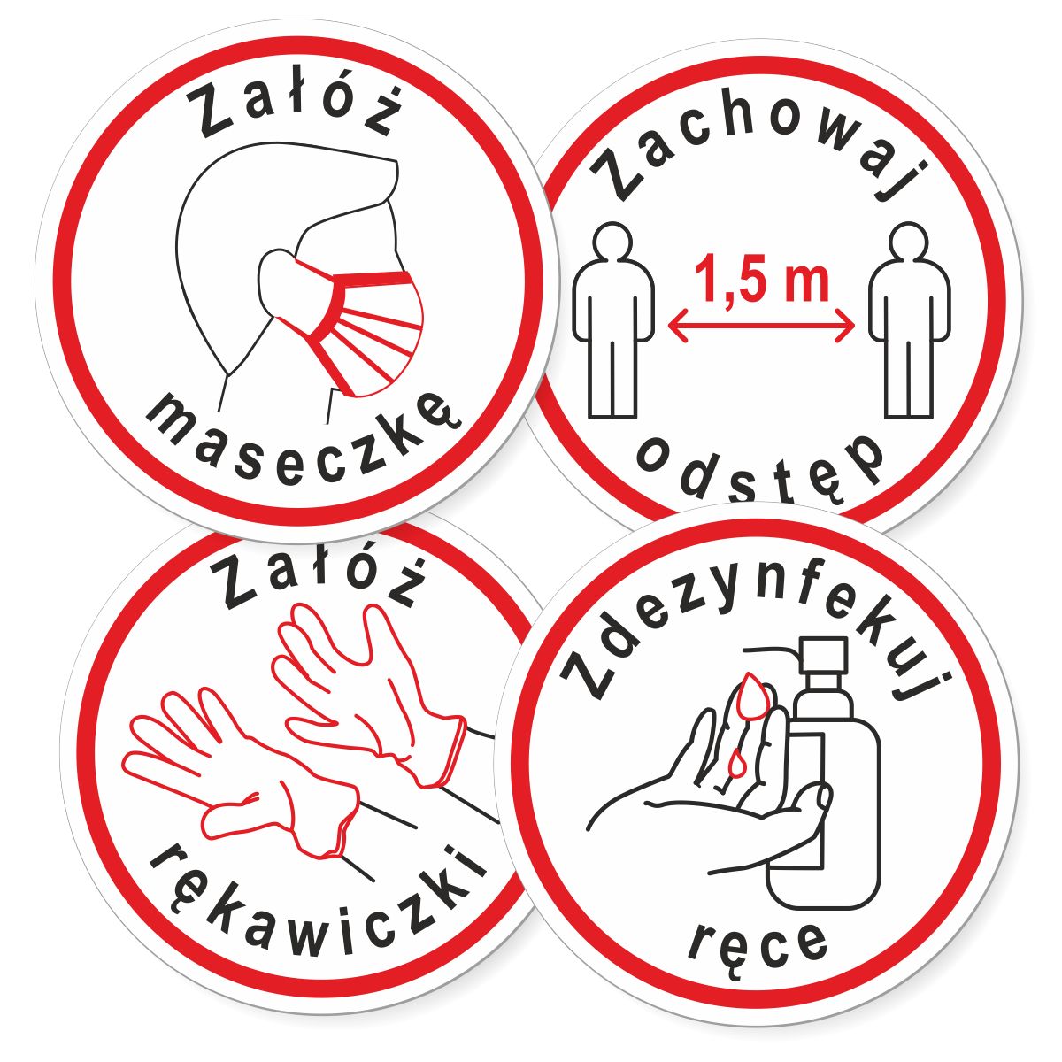 Wlepki oznakowania epidemiczne - przed wejście załóż maseczkę, zdezynfekuj ręce, zachowaj dystans, załóż rękawiczki. Wodoodporne naklejki na folii samoprzylepnej.