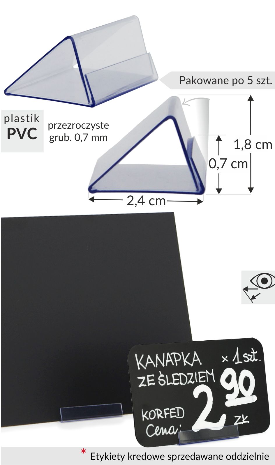 Korfed przezroczysty uchwyt pcw cenowy - stojaczek trójkątny, podstawka pvc z zakładką 1 cm do wsuwania etykiet, karteczek papierowych, mocowanie tranaprentne do postawienia cenówek w pionie.