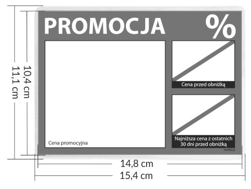Cenówki promocyjne etykiety laminowane wg dyrektywy Unijnej Omnibus, trzy ceny - cena promocyjna, cena przed obniżką i najniższa cena z 30 dni