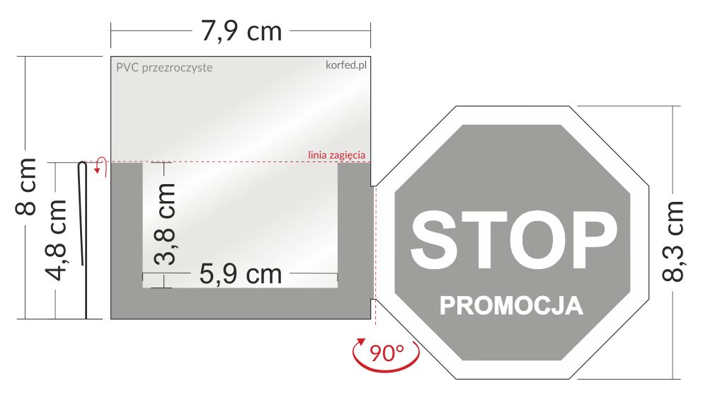 shelfstopper reklamowy STOP promocja wymiary - przezroczyste osłonki na listwy cenowe ze skrzydełkiem stoppery