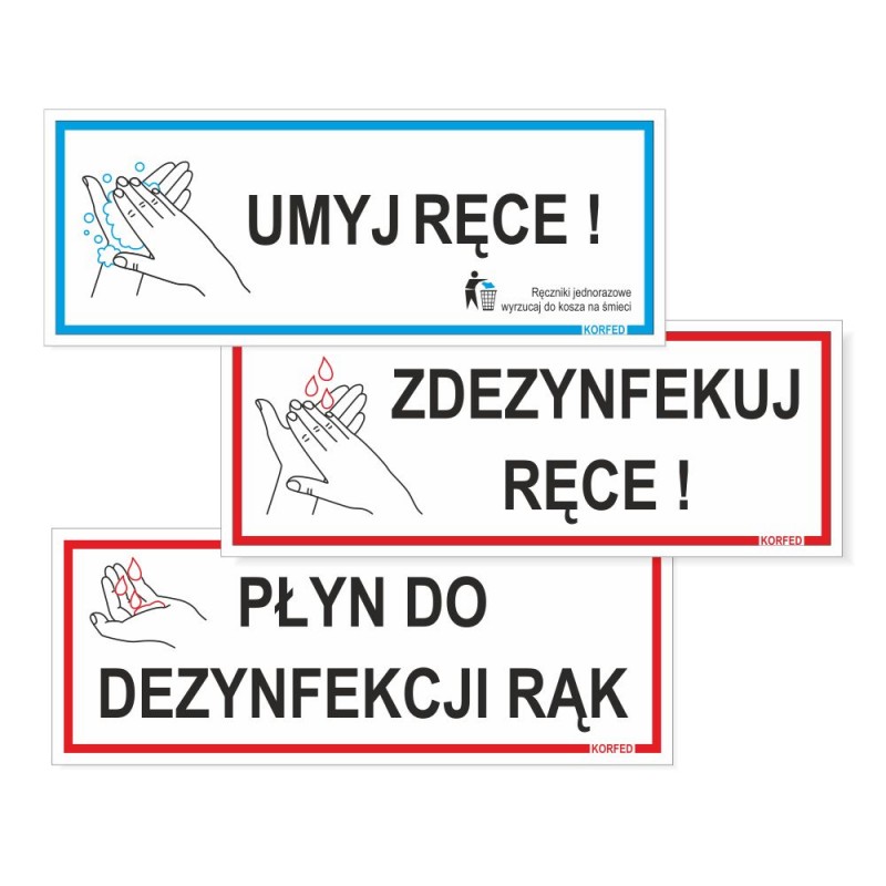 Tabliczki plastikowe UMYJ / ZDEZYNFEKUJ RĘCE, PŁYN DO DEZYNFEKCJI, plakietki plastikowe, wodoodporne. Oznakowanie epidemiczne koronawirus COVID
