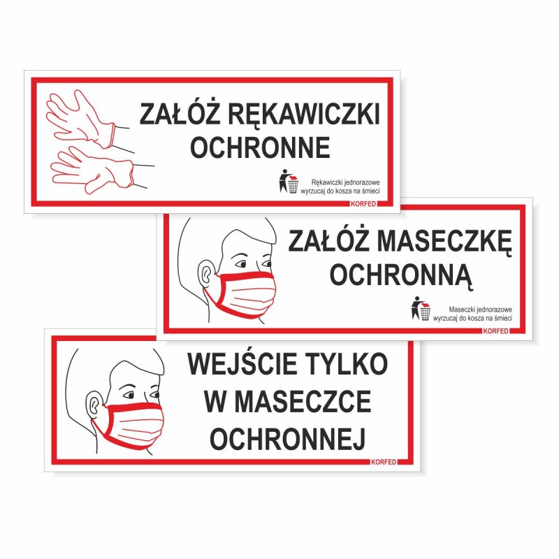 Tabliczki informacyjne nakazu - uwaga koronawirus - załóż rękawiczki ochronne, załóż maseczkę ochronną, wejście tylko w maseczce - zakryj nos i usta przed wejściem, plastikowe plakietki, wodoodprone