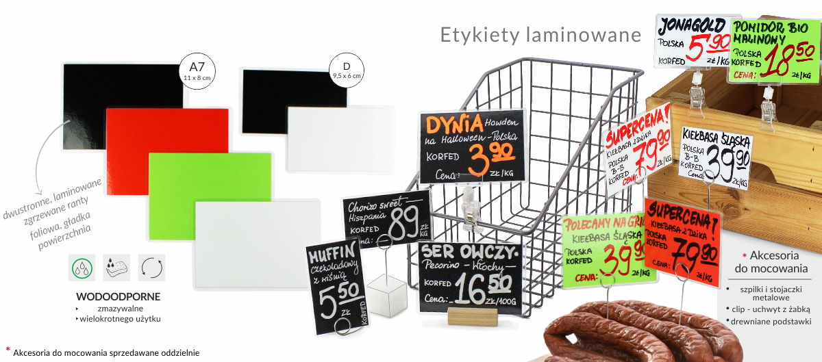 NOWOŚĆ! Białe, czarne i kolorowe etykiety laminowane, wodoodporne, foliowe tabliczki cenowe do lad chłodniczych, metki magazynowe, cenówki na zewnątrz - zewnętrzne oznakowanie cen.