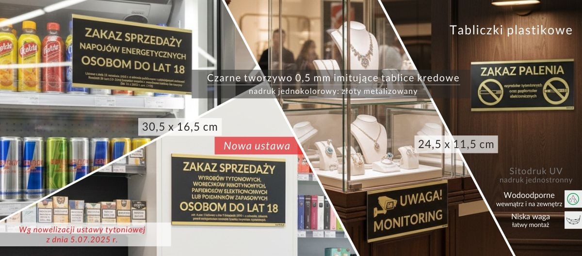 Nowość! Korfed tabliczki informacyjne plastikowe - zakaz spożywania alkoholu, zakaz sprzedaży napoj&oacute;w energetycznych i alkoholowych - napoje 18+, zakaz sprzedaży nieletnim tytoniu, woreczk&oacute;w nikotynowych, epapieros&oacute;w