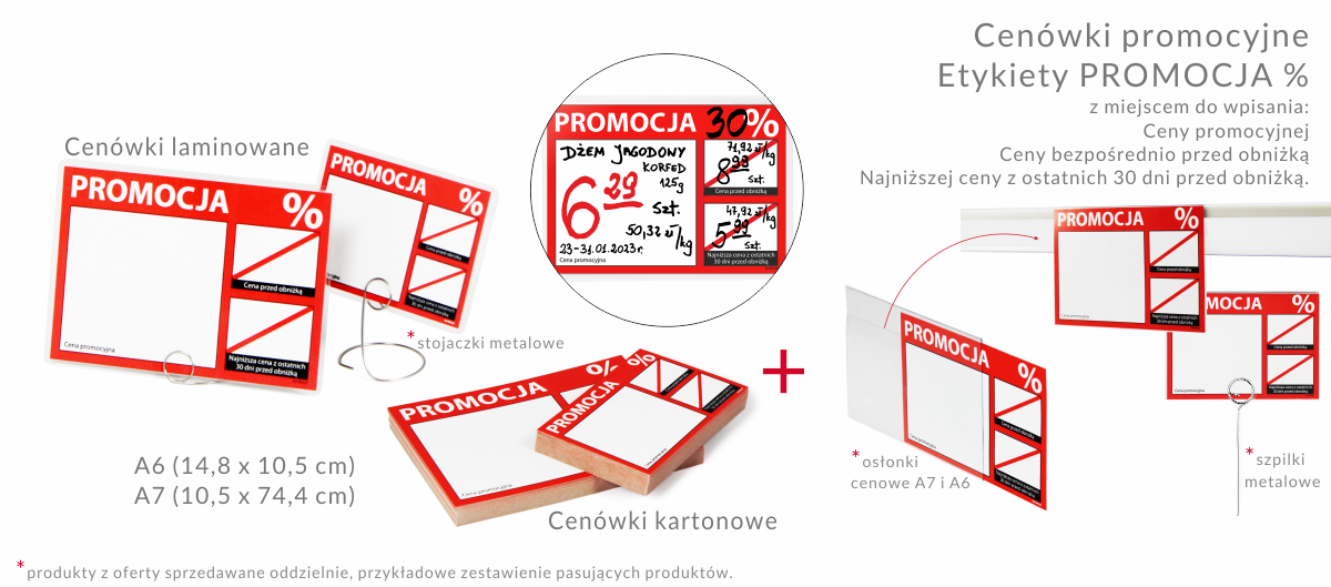 Oznakowanie promocyjne - Cenówki PROMOCJA wg. warunków Omnibus - etykiety laminowane i kartonowe A6 i A7