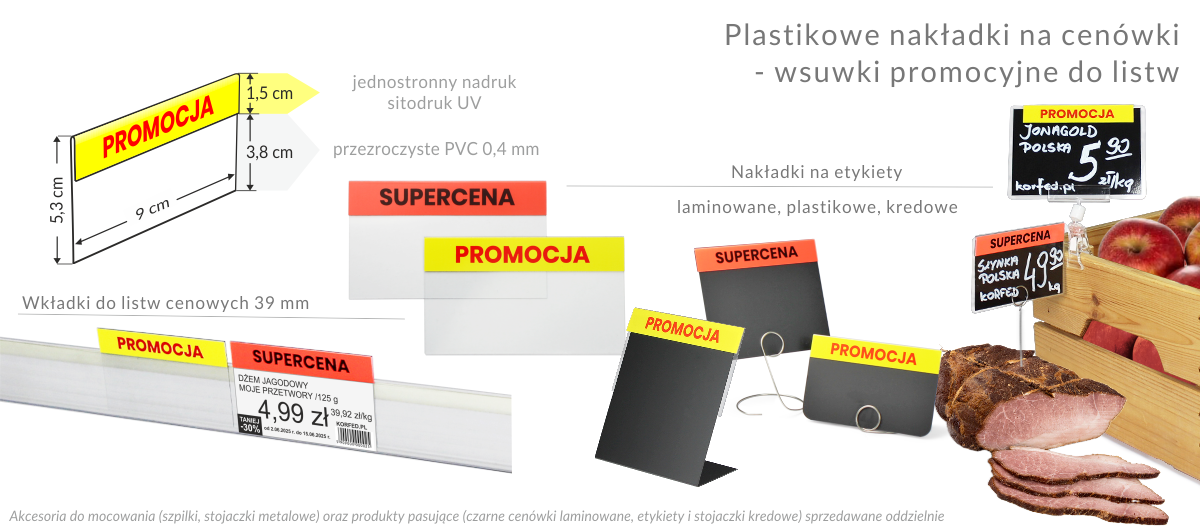 Plastikowe nakładki na etykiety cenowe, wsuwki promocyjne do cenówek, zawieszki na listwy - stopery PROMOCJA i SUPERCENA