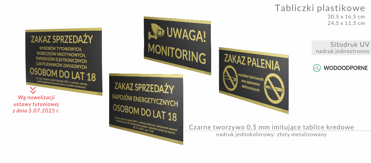 Nowość! Korfed tabliczki informacyjne plastikowe - zakaz spożywania alkoholu, zakaz sprzedaży napojów energetycznych i alkoholowych - napoje 18+, zakaz sprzedaży nieletnim tytoniu, woreczków nikotynowych, epapierosów