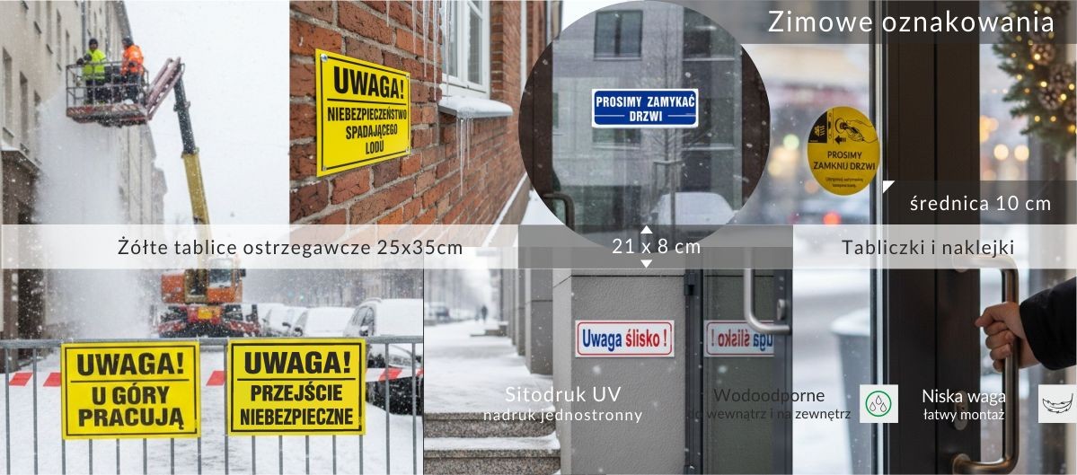 Ż&oacute;łte tablice ostrzegawcze - budowlane, tabliczki i naklejki na drzwi, uwaga niebezpieczeństwo spowodowane śniegiem i lodem, ślisko, spadający l&oacute;d