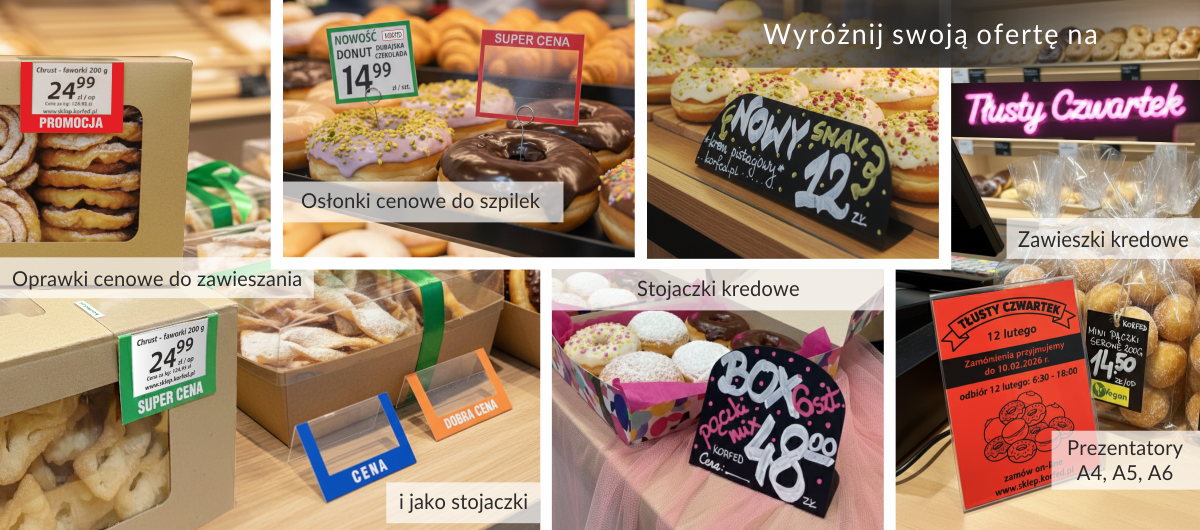 Produkty wspierające oznakowanie cen i wyr&oacute;żnienie oferty na tłusty czwartek: oprawki i osłonki na cen&oacute;wki i etykiety, stojaczki i zawieszki kredowe, stojaczki - prezentery na etykiety A6, A5 i A4 - do kupienia online: korfed.pl