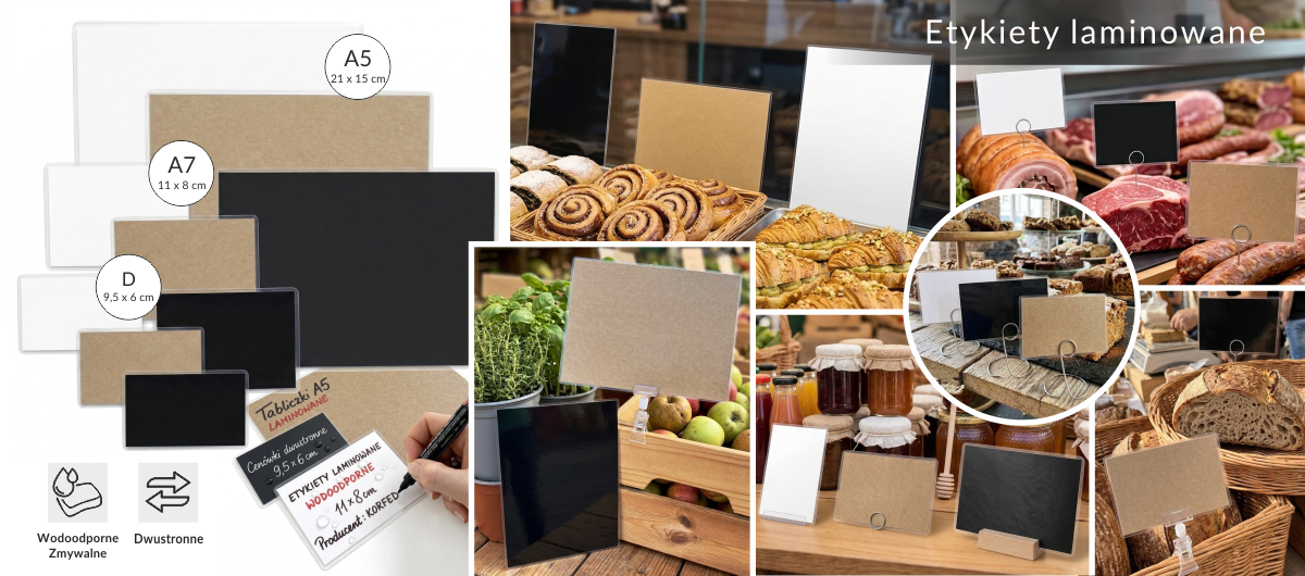 NOWOŚĆ! Białe, czarne, brązowe krafy i kolorowe etykiety laminowane, wodoodporne, foliowe tabliczki cenowe do lad chłodniczych, metki magazynowe, cen&oacute;wki na zewnątrz - zewnętrzne oznakowanie cen.