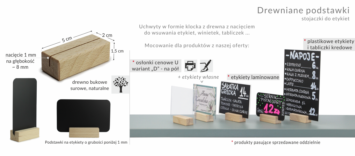 Korfed - Drewniane podstawki, małe klocki z drewna bukowego z szczeliną na tabliczki i cenówki, stojaczki na etykiety cenowe, menu, winietki.